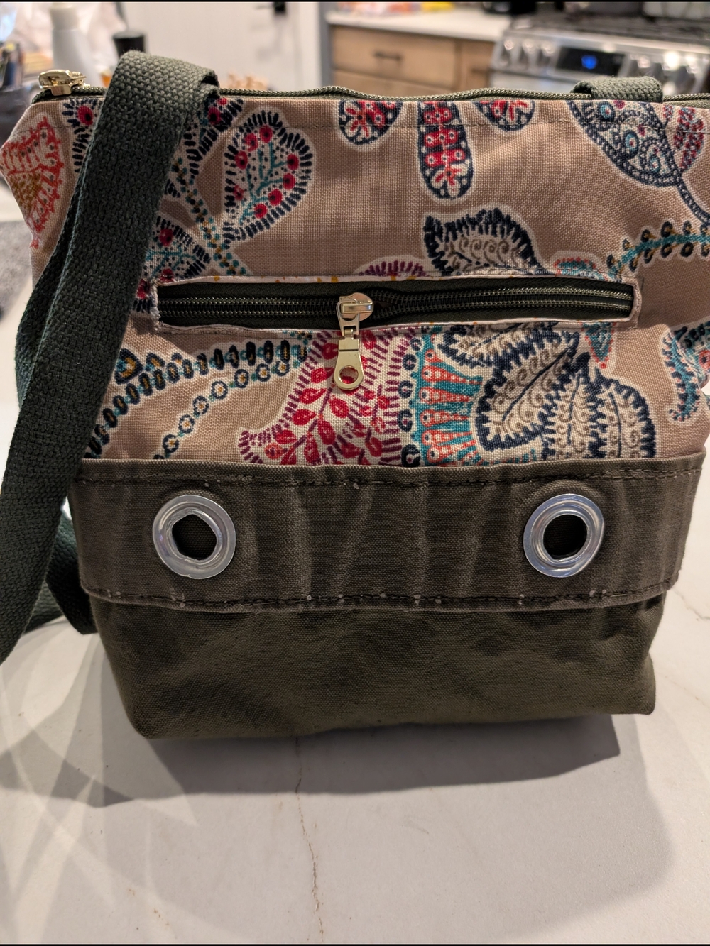 Duffle Bag/Canvas Paisley Crossbody Bag - Olive and Beige